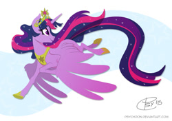 Size: 595x420 | Tagged: safe, artist:psychoon, character:twilight sparkle, character:twilight sparkle (alicorn), species:alicorn, species:pony, ethereal mane, female, flying, mare, older, smiling, solo, sparkles, ultimate twilight