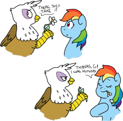 Size: 500x494 | Tagged: safe, artist:stockingstreams, character:gilda, character:rainbow dash, species:griffon, ship:gildash, blushing, eating, eyes closed, female, flower, frown, gilda is not amused, gildere, glare, horses doing horse things, interspecies, lesbian, shipping, smiling, tsundere, unamused