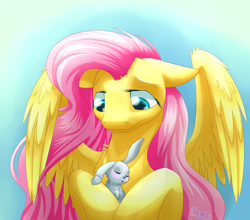 Size: 2500x2200 | Tagged: safe, artist:klarapl, character:angel bunny, character:fluttershy, species:pegasus, species:pony, bust, floppy ears, hoof hold, looking at something, looking down, portrait, spread wings, wings