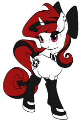 Size: 489x721 | Tagged: safe, artist:gezawatt, oc, oc only, oc:lilith, species:pony, species:unicorn, bedroom eyes, boots, bow, clothing, collar, colored, cutie mark, digital art, earring, eyeshadow, female, freckles, gloves, hair bow, latex, leggings, looking at you, makeup, mare, piercing, pixel art, plump, ribbon, solo, stockings, succubus, tail