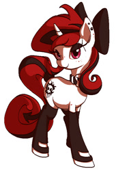 Size: 489x721 | Tagged: safe, artist:gezawatt, artist:shydale edits, edit, oc, oc only, oc:lilith, species:pony, species:unicorn, bedroom eyes, boots, clothing, collar, colored, cutie mark, digital art, earring, eyeshadow, female, freckles, gloves, latex, leggings, looking at you, makeup, mare, piercing, plump, ribbon, shading, solo, stockings, succubus, tail