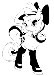 Size: 510x726 | Tagged: safe, artist:gezawatt, oc, oc only, oc:lilith, species:pony, species:unicorn, bedroom eyes, boots, bow, clothing, collar, cutie mark, digital art, earring, eyeshadow, female, freckles, gloves, hair bow, latex, leggings, looking at you, makeup, mare, monochrome, piercing, pixel art, plump, ribbon, solo, stockings, succubus, tail