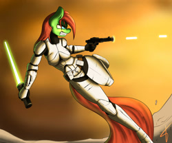 Size: 3000x2500 | Tagged: safe, artist:jamesjackobgermany, oc, oc only, oc:pending storm, species:anthro, species:unguligrade anthro, blaster, cleavage, commission, crossover, energy weapon, female, laser, lightsaber, solo, star wars, stormtrooper, weapon