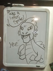 Size: 963x1280 | Tagged: safe, artist:equestrian-strumpet, character:spike, dingo pictures, dinosaur adventure, irl, oro (dingo pictures), photo, whiteboard, yee