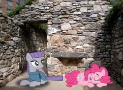 Size: 1053x776 | Tagged: safe, artist:90sigma, artist:ikillyou121, artist:thedoubledeuced, character:maud pie, character:pinkie pie, gate, happy, ireland, irish potato famine memorial, irl, photo, ponies in real life, prone, shadow, sisters, sleeping, vector