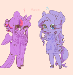 Size: 950x980 | Tagged: safe, artist:mirululu, character:rarity, character:twilight sparkle, character:twilight sparkle (alicorn), species:alicorn, species:anthro, alternate hairstyle, clothing, dress, glasses