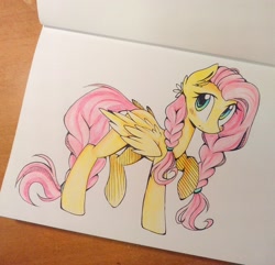 Size: 1024x988 | Tagged: safe, artist:ten-dril, character:fluttershy, species:pegasus, species:pony, alternate hairstyle, blushing, braid, cute, ear fluff, female, flower, flower in hair, pigtails, shyabetes, solo, traditional art
