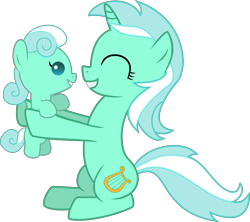Size: 5873x5226 | Tagged: safe, artist:baka-neku, character:lyra heartstrings, oc, oc:sweet song, parent:bon bon, parent:lyra heartstrings, parents:lyrabon, species:pegasus, species:pony, species:unicorn, absurd resolution, baby, baby pony, female, filly, foal, holding a pony, magical lesbian spawn, mother and daughter, offspring