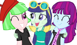 Size: 800x473 | Tagged: dead source, safe, artist:doroshll, character:blueberry cake, character:drama letter, character:mystery mint, character:watermelody, my little pony:equestria girls, background human, blueberry cake
