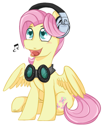 Size: 628x766 | Tagged: safe, artist:bloodorangepancakes, character:fluttershy, butterscotch, goggles, happy, headphones, rule 63, solo