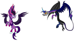 Size: 3072x1692 | Tagged: safe, alternate version, artist:rexlupin, character:midnight sparkle, character:twilight sparkle, character:twilight sparkle (scitwi), species:draconequus, species:eqg human, equestria girls:friendship games, g4, my little pony: equestria girls, my little pony:equestria girls, angry, corrupted, double trouble, draconequified, duel of the century, equestria girls ponified, flying, implied apocalypse, midnight sparkle, plotting, plotting your demise, ponified, self paradox, species swap, twikonequus, xk-class end-of-the-world scenario