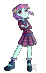 Size: 800x1256 | Tagged: safe, artist:pillonchou, character:sunny flare, equestria girls:friendship games, g4, my little pony: equestria girls, my little pony:equestria girls, bow tie, clothing, crossed arms, crystal prep academy, crystal prep academy uniform, crystal prep shadowbolts, female, school uniform, signature, simple background, skirt, solo, transparent background