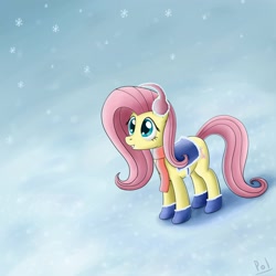Size: 2000x2000 | Tagged: dead source, safe, artist:polkin, character:fluttershy, species:pegasus, species:pony, clothing, earmuffs, female, high res, mare, mittens, saddle, scarf, snow, snowfall, solo, winter
