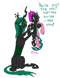 Size: 2049x2641 | Tagged: safe, artist:rexlupin, character:queen chrysalis, oc, oc:fantom, parent:princess cadance, parent:queen chrysalis, parents:cadalis, species:changeling, changeling queen, cute, cutealis, cuteling, female, half changeling, mommy chrissy, nymph, ocbetes, offspring