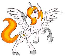 Size: 3217x2772 | Tagged: safe, artist:rexlupin, character:nightmare star, character:princess celestia, species:alicorn, species:draconequus, species:pony, chaos star, discorded, draconequified, female, fire hair, sketch, solo, species swap, xk-class end-of-the-world scenario