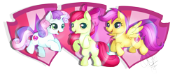 Size: 2125x923 | Tagged: safe, artist:pillonchou, character:apple bloom, character:scootaloo, character:sweetie belle, species:pegasus, species:pony, episode:crusaders of the lost mark, g4, my little pony: friendship is magic, cutie mark, cutie mark crusaders, it happened, open mouth, signature, simple background, the cmc's cutie marks, transparent background