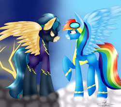 Size: 3600x3200 | Tagged: safe, artist:midfire, character:indigo zap, character:rainbow dash, species:pegasus, species:pony, equestria girls:friendship games, g4, my little pony: equestria girls, my little pony:equestria girls, angry, bloodshot eyes, clothing, cloud, costume, crystal prep shadowbolts, equestria girls ponified, glare, gritted teeth, lightning, ponified, shadowbolts, shadowbolts (nightmare moon's minions), shadowbolts costume, stare down, wonderbolts uniform
