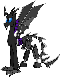 Size: 474x609 | Tagged: safe, artist:rexlupin, oc, oc only, oc:mechanic, species:changeling, artificial wings, augmented, augmented tail, biohacking, cyborg, donut steel, half changeling, mechanical wing, prosthetics, purple changeling, solo, stealth pun, wings