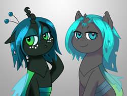 Size: 758x569 | Tagged: safe, artist:syggie, character:queen chrysalis, oc, oc:sketchy, species:changeling, ask the changeling princess, cute, cutealis, female, filly, filly queen chrysalis, foal, gradient background, nymph, princess chrysalis, style emulation, younger