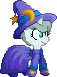 Size: 480x648 | Tagged: safe, artist:minus, artist:quarantinedchaoz, oc, oc only, oc:deep blue, species:pony, species:unicorn, clothing, cute, female, foal, foal quest, hat, pixel art, shoes, solo, witch, witch hat, wizard hat