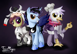 Size: 1024x717 | Tagged: safe, artist:teammagix, character:princess luna, oc, oc only, oc:blueprint sparks, oc:sinister twist, oc:talon, species:cow, species:griffon, candy, chef, clothing, costume, cupcake, looking at you, nightmare night, nightmare night costume, raised hoof, signature