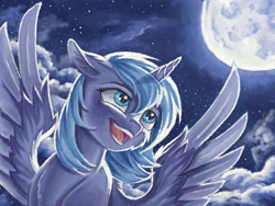 Size: 640x480 | Tagged: safe, artist:the-wizard-of-art, character:princess luna, species:alicorn, species:pony, cloud, cloudy, female, flying, looking up, moon, night, pretty, s1 luna, sky, smiling, solo, spread wings, wings