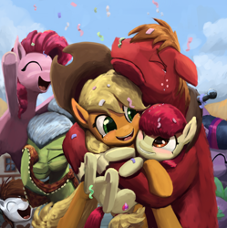 Size: 1216x1219 | Tagged: safe, artist:bakuel, character:apple bloom, character:applejack, character:big mcintosh, character:granny smith, character:pinkie pie, character:pipsqueak, character:spike, character:twilight sparkle, character:twilight sparkle (alicorn), species:alicorn, species:pony, episode:crusaders of the lost mark, g4, my little pony: friendship is magic, clothing, confetti, cowboy hat, crying, eyes closed, female, filly, freckles, group hug, hat, hug, it happened, liquid pride, mare, one eye closed, open mouth, stetson, tears of joy, the cmc's cutie marks
