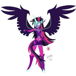 Size: 4000x4000 | Tagged: safe, alternate version, artist:e-e-r, character:midnight sparkle, character:twilight sparkle, character:twilight sparkle (alicorn), character:twilight sparkle (scitwi), species:alicorn, species:eqg human, equestria girls:friendship games, g4, my little pony: equestria girls, my little pony:equestria girls, absurd resolution, belly button, cleavage, clothing, element of magic, female, fingerless gloves, gloves, glowing eyes, horn, midnight sparkle, midriff, necklace, signature, simple background, skirt, solo, tail, transparent background, wings