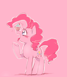 Size: 614x704 | Tagged: safe, artist:chi-hayu, character:pinkie pie, species:earth pony, species:pony, blushing, cupcake, cute, diapinkes, female, food, mare, open mouth, pink background, profile, simple background, solo, tongue out, treat on nose