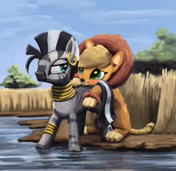 Size: 1111x1080 | Tagged: safe, artist:bakuel, character:applejack, character:zecora, species:earth pony, species:pony, species:zebra, episode:scare master, g4, my little pony: friendship is magic, applelion, blushing, clothing, costume, cute, female, jackabetes, looking at each other, nightmare night costume, smiling, unamused, zecora is not amused, zecorable