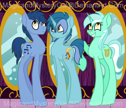 Size: 1000x860 | Tagged: safe, artist:magicandmysterygal, character:blues, character:lyra heartstrings, character:noteworthy, oc, oc:glitter note, parent:lyra heartstrings, parent:noteworthy, parents:lyraworthy, female, long legs, lyraworthy, male, offspring, shipping, straight