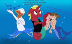 Size: 4157x2550 | Tagged: safe, artist:megaanimationfan, oc, oc:firebrand, species:sea pony, annoyed, ariel, atlantica, bad singing, belly button, crossover, disney, disney style, do not want, donald duck, floppy ears, frown, kingdom hearts, male, mermaid, merman, midriff, seahorse, seaponified, seashell, signature, sora, species swap, style emulation, the little mermaid, underwater
