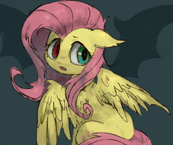 Size: 660x551 | Tagged: safe, artist:kei05, character:flutterbat, character:fluttershy, species:bat pony, species:pony, cute, duality, female, heterochromia, looking back, mare, open mouth, race swap, shyabates, shyabetes, solo, vamp out