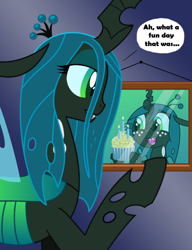Size: 612x795 | Tagged: safe, artist:syggie, character:queen chrysalis, species:changeling, ask, ask the changeling princess, changeling queen, cupcake, cute, cutealis, dialogue, duality, female, food, nymph, picture, smiling, solo, tumblr, younger
