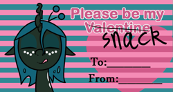 Size: 647x345 | Tagged: safe, artist:syggie, character:queen chrysalis, species:changeling, ask, ask the changeling princess, changeling queen, cute, cutealis, eyes closed, female, heart, licking, licking lips, nymph, smiling, solo, striped background, text, tongue out, tumblr, valentine, younger