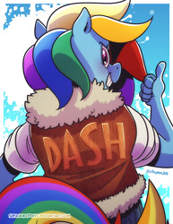 Size: 800x1035 | Tagged: safe, artist:crikeydave, character:rainbow dash, species:anthro, female, from behind, grin, leather vest, looking back, solo, thumbs up