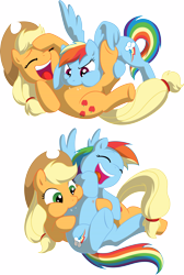 Size: 10800x16097 | Tagged: safe, artist:chaoskomori, artist:fehlung, character:applejack, character:rainbow dash, ship:appledash, .svg available, absurd resolution, female, hoof tickling, lesbian, raspberry, shipping, simple background, tickle fight, tickling, transparent background, tummy buzz, vector