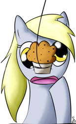 Size: 427x695 | Tagged: safe, artist:kiyoshiii, character:derpy hooves, species:pegasus, species:pony, female, food, mare, muffin, simple background, solo
