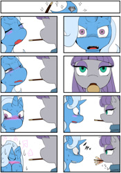 Size: 698x1000 | Tagged: safe, artist:suzumaru, character:maud pie, character:trixie, species:pony, species:unicorn, ship:mauxie, 8koma, comic, female, food, lesbian, mare, pocky, shipping