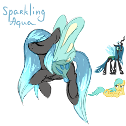 Size: 1400x1400 | Tagged: safe, artist:koteikow, character:queen chrysalis, character:sunshower raindrops, oc, oc:sparkling aqua, eyes closed, fusion, hybrid, original species