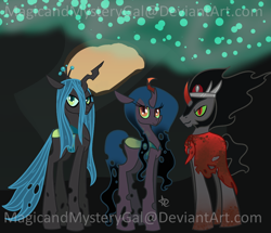 Size: 1000x860 | Tagged: safe, artist:magicandmysterygal, character:king sombra, character:queen chrysalis, oc, oc:umbriel, parent:king sombra, parent:queen chrysalis, parents:chrysombra, ship:chrysombra, female, hybrid, interspecies offspring, male, offspring, shipping, straight