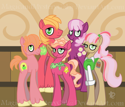 Size: 1000x860 | Tagged: safe, artist:magicandmysterygal, character:big mcintosh, character:cheerilee, oc, oc:apple barrel, oc:apple bumpkin, oc:berry belle, parent:big macintosh, parent:cheerilee, parents:cheerimac, species:earth pony, species:pony, ship:cheerimac, bandana, clothing, family, freckles, male, offspring, polo shirt, shipping, shirt, signature, stallion, straight