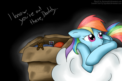 Size: 900x600 | Tagged: safe, artist:darrianmh, artist:kiyoshiii, character:rainbow dash, species:pegasus, species:pony, fanfic:my little dashie, g4, box, cardboard box, cloud, crying, female, hooves, lying on a cloud, mare, on a cloud, prone, sad, solo, tears of sadness, teddy bear