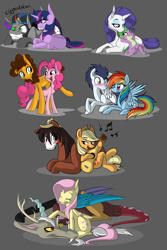 Size: 4441x6660 | Tagged: safe, artist:turrkoise, character:applejack, character:cheese sandwich, character:discord, character:fluttershy, character:king sombra, character:pinkie pie, character:rainbow dash, character:rarity, character:soarin', character:spike, character:trouble shoes, character:twilight sparkle, character:twilight sparkle (alicorn), species:alicorn, species:pony, ship:cheesepie, ship:discoshy, ship:soarindash, ship:sparity, ship:twibra, absurd resolution, female, male, mane seven, mane six, mare, shipping, story included, straight, troublejack