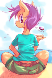 Size: 800x1200 | Tagged: safe, artist:suzumaru, character:scootaloo, species:anthro, species:pegasus, species:pony, beach, clothing, female, outdoors, sitting, smiling, solo, water, wingless, wingless anthro
