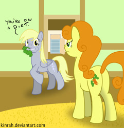 Size: 906x938 | Tagged: safe, artist:kinrah, character:carrot top, character:derpy hooves, character:golden harvest, species:pegasus, species:pony, butt, carrot, eating, empty, female, food, goldenbutt, i emptied your fridge, mare, old joke, plot, refrigerator