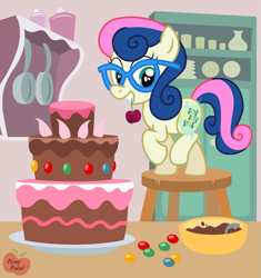 Size: 2191x2330 | Tagged: safe, artist:pony-paint, character:bon bon, character:sweetie drops, adorabon, cake, cherry, cute, cutie mark, cutiespark, female, filly, food, glasses, kitchen, show accurate, solo, twisted bon bon