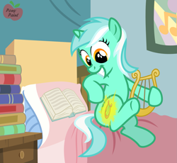 Size: 1743x1602 | Tagged: safe, artist:pony-paint, character:lyra heartstrings, species:pony, species:unicorn, bed, book, cutiespark, female, filly, grin, lyre, show accurate, smiling, solo, younger