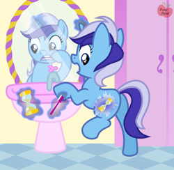 Size: 1910x1862 | Tagged: safe, artist:pony-paint, character:minuette, bathroom, cutie mark, cutiespark, filly, hourglass, mirror, show accurate, toothbrush