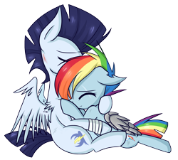 Size: 2091x1883 | Tagged: safe, artist:littlecloudie, character:rainbow dash, character:soarin', species:pony, ship:soarindash, episode:the cutie re-mark, alternate timeline, amputee, apocalypse dash, athletic tape, augmented, backwards cutie mark, crystal war timeline, cute, dashabetes, eyes closed, female, floppy ears, hug, leg wraps, male, prosthetic limb, prosthetic wing, prosthetics, scar, shipping, smiling, soarinbetes, straight